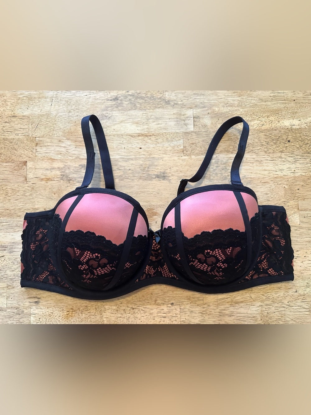 Pink and Black Lace Push-Up Bra with Convertible or Removable Straps